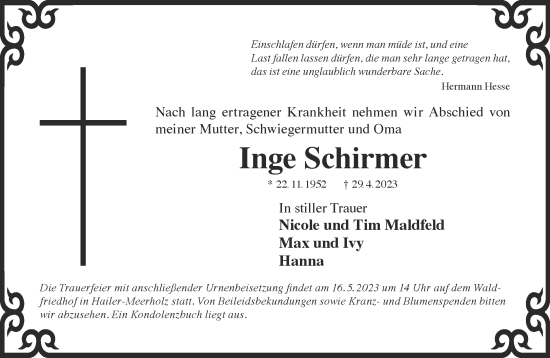 Traueranzeige von Inge Schirmer von Gelnhäuser Neue Zeitung