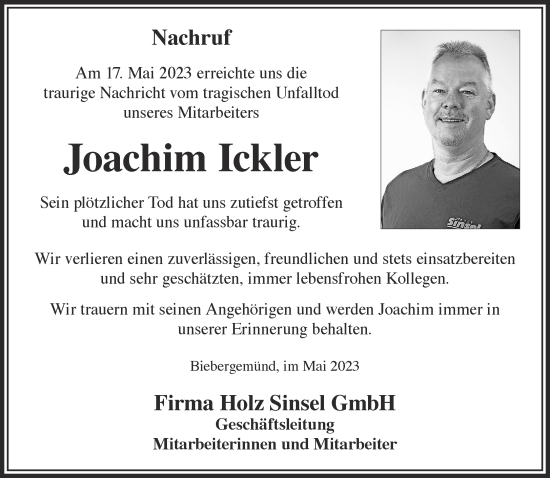 Traueranzeige von Joachim Ickler von Gelnhäuser Neue Zeitung