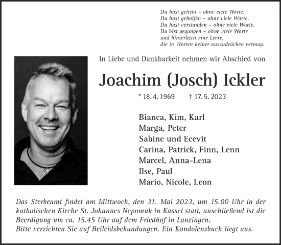 Traueranzeige von Joachim Ickler von Gelnhäuser Neue Zeitung