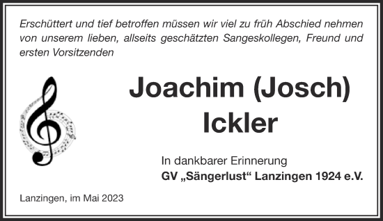 Traueranzeige von Joachim Ickler von Gelnhäuser Neue Zeitung