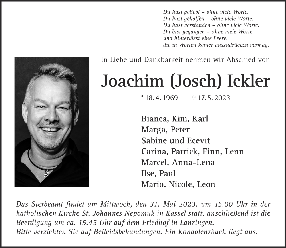  Traueranzeige für Joachim Ickler vom 27.05.2023 aus Gelnhäuser Neue Zeitung