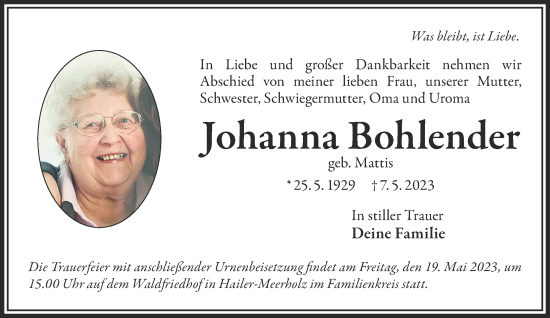 Traueranzeige von Johanna Bohlender von Gelnhäuser Neue Zeitung