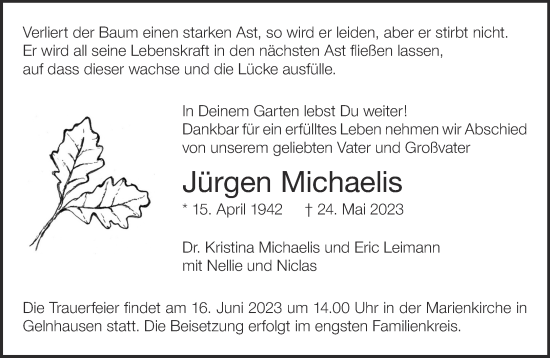 Traueranzeige von Jürgen Michaelis von Gelnhäuser Neue Zeitung