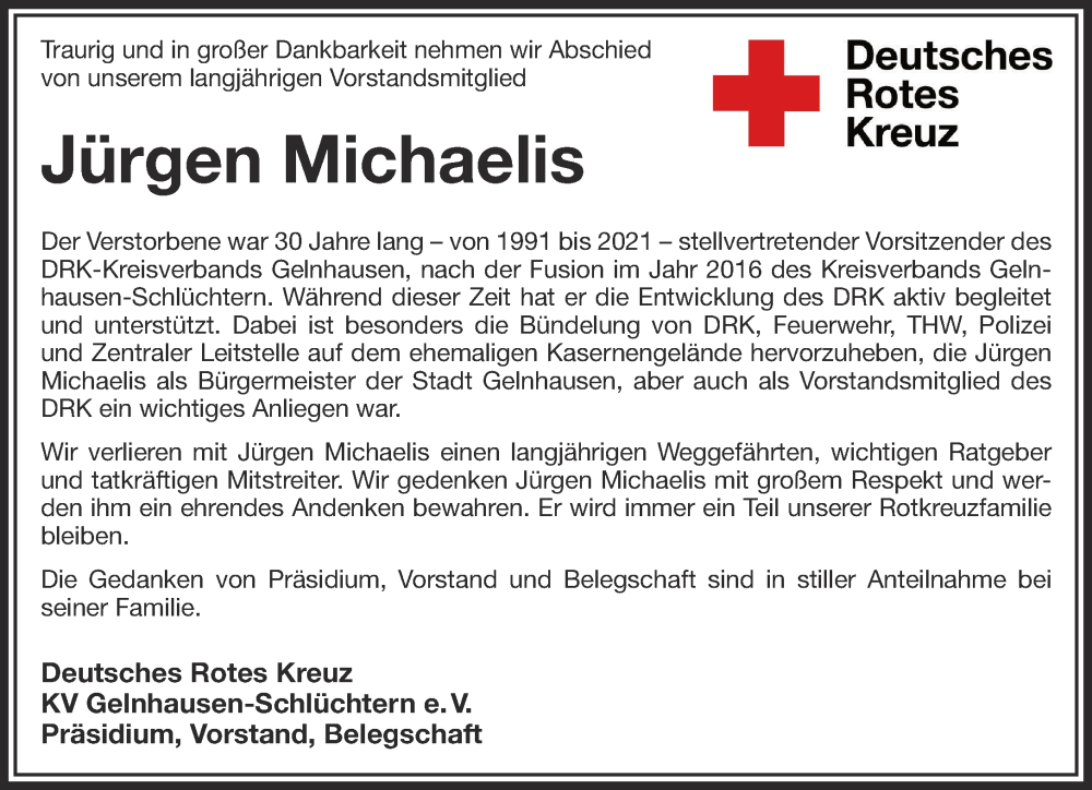  Traueranzeige für Jürgen Michaelis vom 27.05.2023 aus Gelnhäuser Neue Zeitung