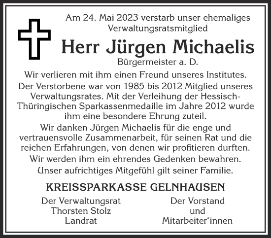 Traueranzeige von Jürgen Michaelis von Gelnhäuser Neue Zeitung