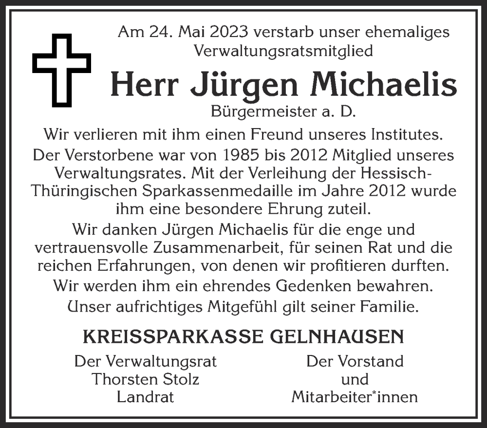  Traueranzeige für Jürgen Michaelis vom 27.05.2023 aus Gelnhäuser Neue Zeitung