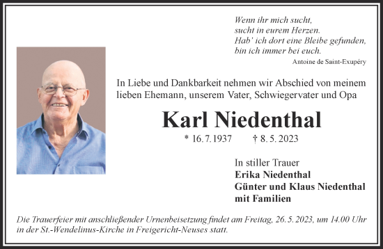 Traueranzeige von Karl Niedenthal von Gelnhäuser Neue Zeitung