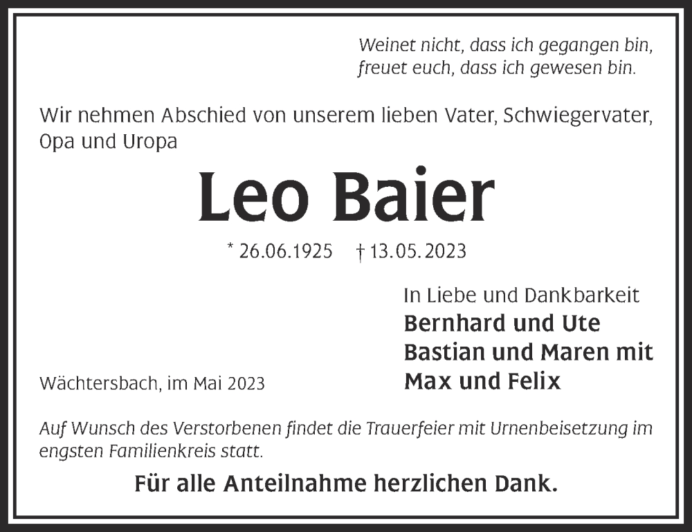  Traueranzeige für Leo Baier vom 27.05.2023 aus Mittelhessen-Bote