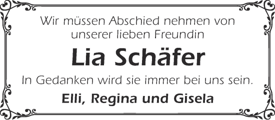 Traueranzeige von Lia Schäfer von Mittelhessen-Bote