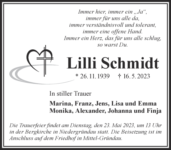 Traueranzeige von Lilli Schmidt von Gelnhäuser Neue Zeitung