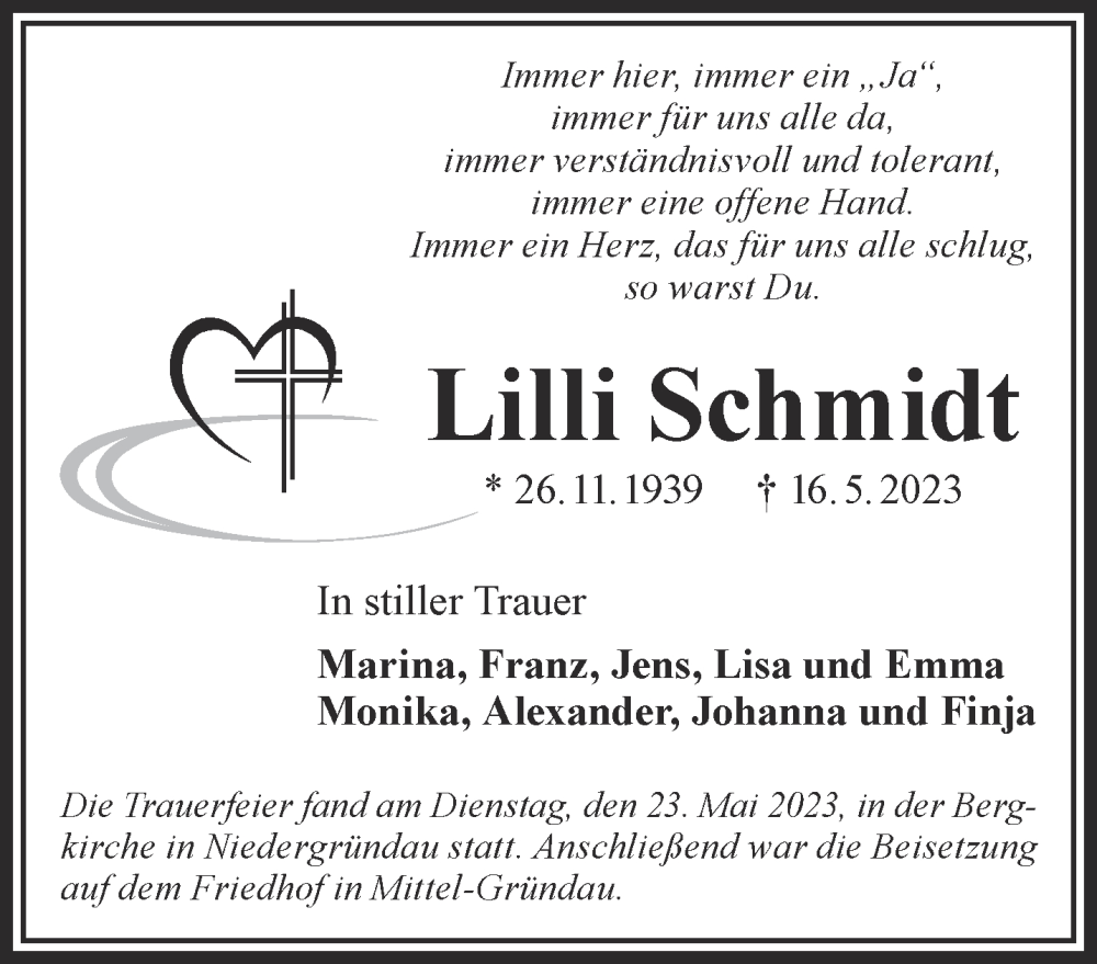  Traueranzeige für Lilli Schmidt vom 20.05.2023 aus Mittelhessen-Bote