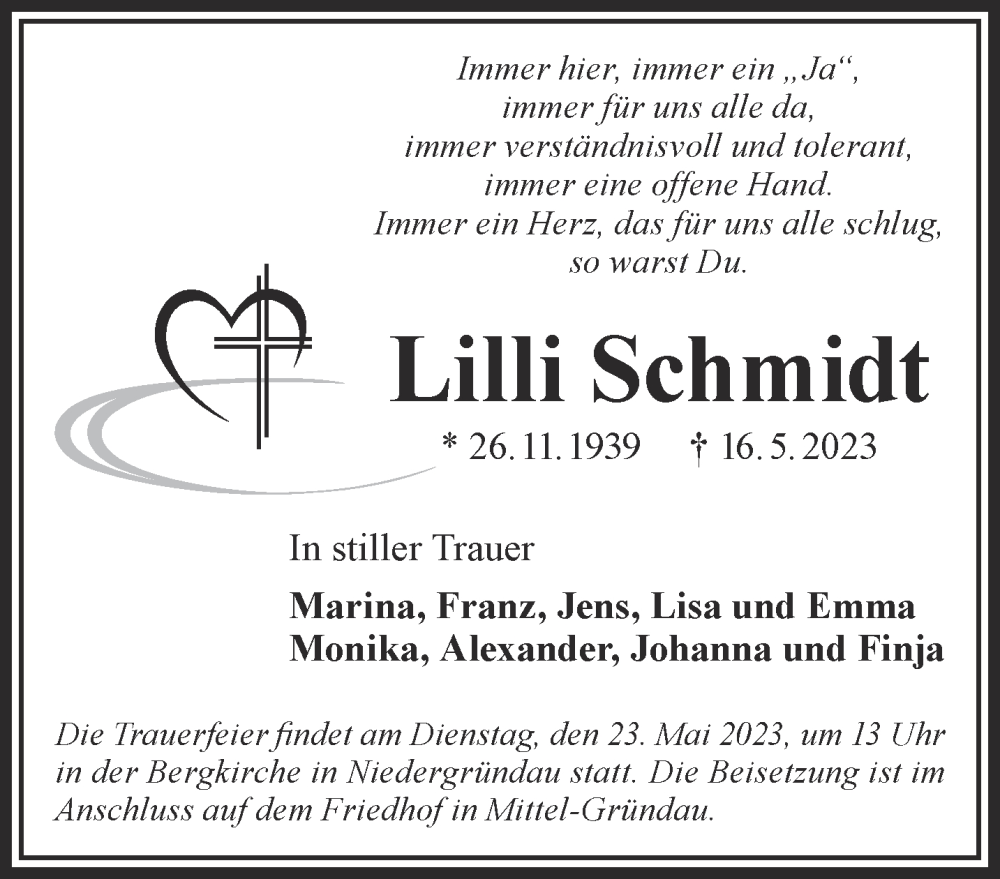  Traueranzeige für Lilli Schmidt vom 20.05.2023 aus Gelnhäuser Neue Zeitung