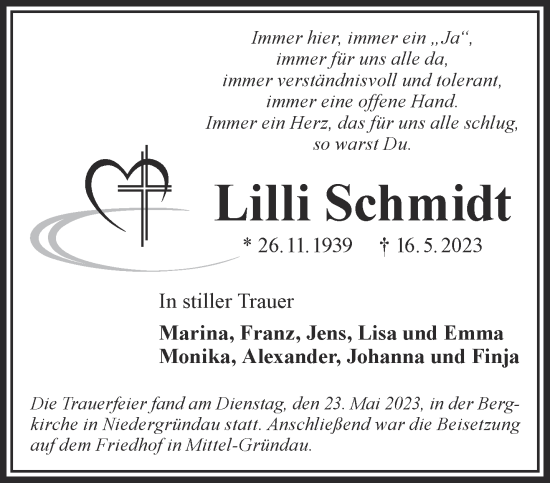 Traueranzeige von Lilli Schmidt von Mittelhessen-Bote