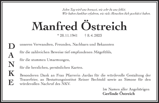 Traueranzeige von Manfred Östreich von Gelnhäuser Neue Zeitung