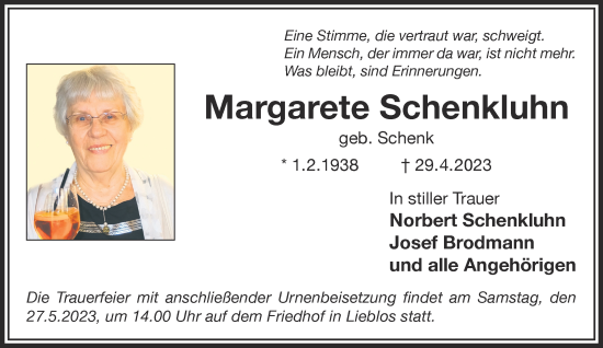 Traueranzeige von Margarete Schenkluhn von Gelnhäuser Neue Zeitung