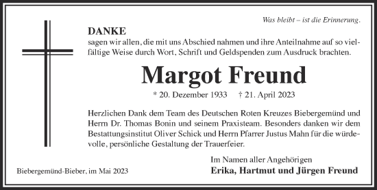 Traueranzeige von Margot Freund von Mittelhessen-Bote