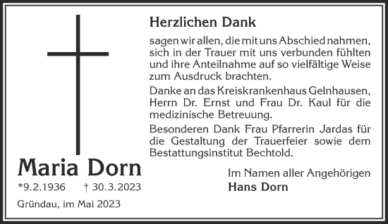 Traueranzeige von Maria Dorn von Gelnhäuser Neue Zeitung