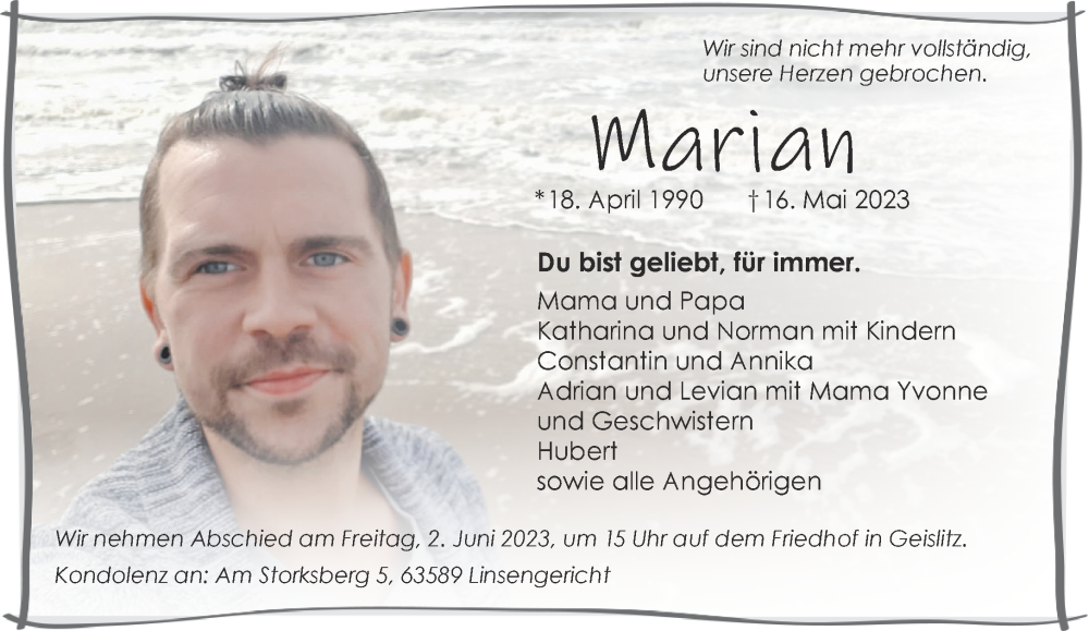  Traueranzeige für Marian  vom 27.05.2023 aus Gelnhäuser Neue Zeitung
