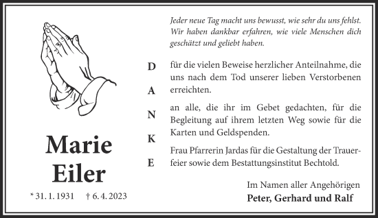 Traueranzeige von Marie Eiler von Gelnhäuser Neue Zeitung