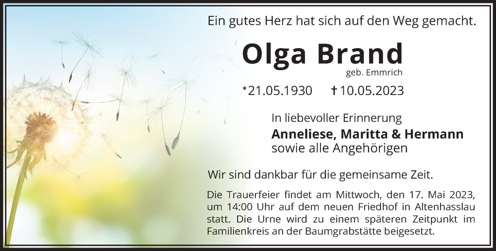  Traueranzeige für Olga Brand vom 13.05.2023 aus Gelnhäuser Neue Zeitung