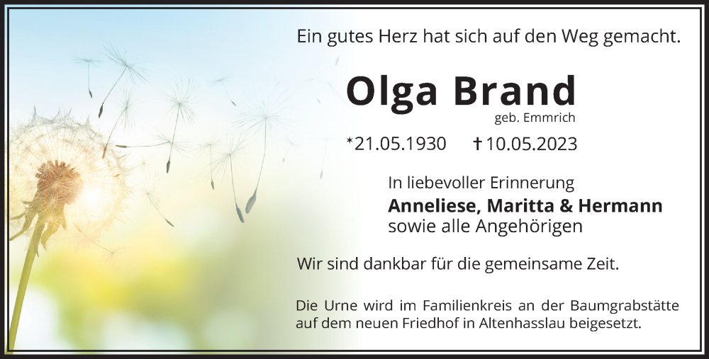  Traueranzeige für Olga Brand vom 20.05.2023 aus Mittelhessen-Bote