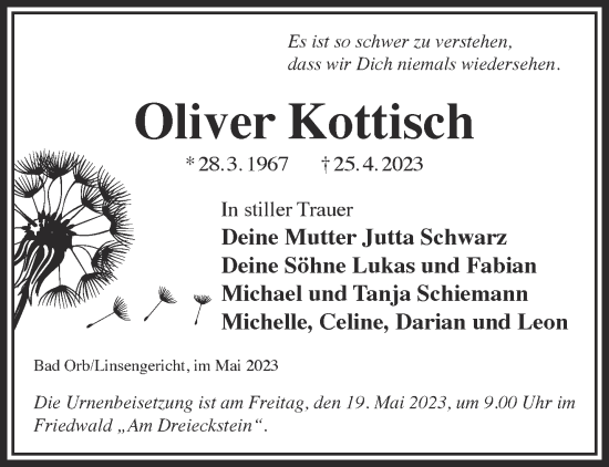 Traueranzeige von Oliver Kottisch von Gelnhäuser Neue Zeitung