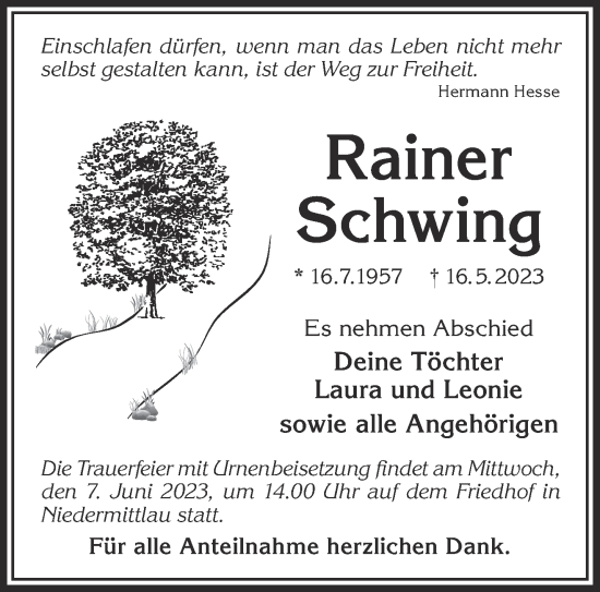 Traueranzeige von Rainer Schwing von Gelnhäuser Neue Zeitung