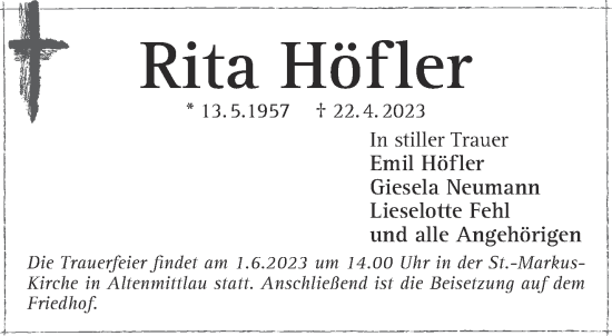 Traueranzeige von Rita Höfler von Gelnhäuser Neue Zeitung