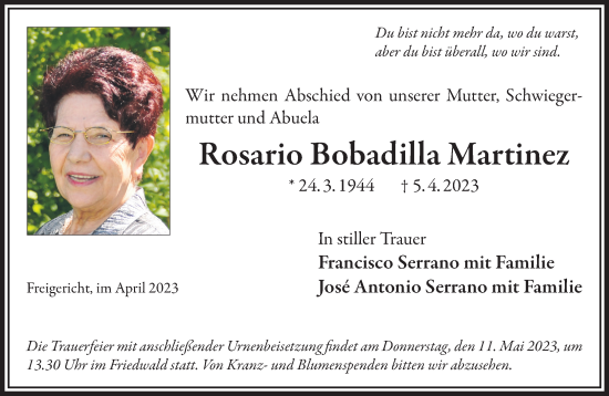 Traueranzeige von Rosario Bobadilla Martinez von Gelnhäuser Neue Zeitung