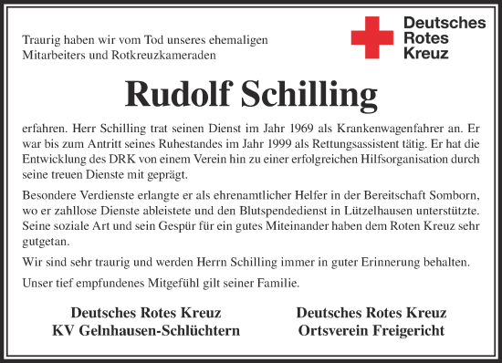 Traueranzeige von Rudolf Schilling von Mittelhessen-Bote