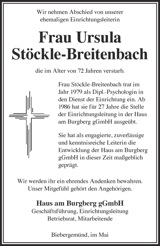 Traueranzeige von Ursula Stöckle-Breitenbach von Gelnhäuser Neue Zeitung