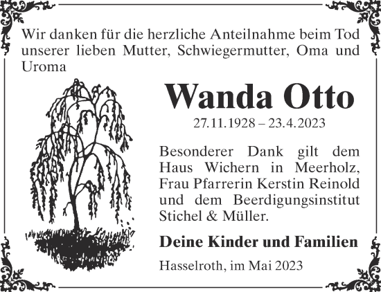 Traueranzeige von Wanda Otto von Gelnhäuser Neue Zeitung