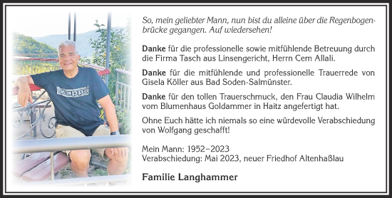 Traueranzeige von Wolfgang Langhammer von Gelnhäuser Neue Zeitung