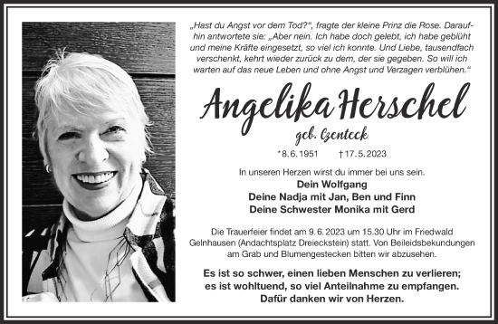 Traueranzeige von Angelika Herschel von Gelnhäuser Neue Zeitung