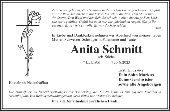 Traueranzeige von Anita Schmitt von Gelnhäuser Neue Zeitung