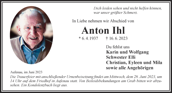 Traueranzeige von Anton Ihl von Gelnhäuser Neue Zeitung