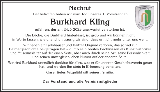 Traueranzeige von Burkhard Kling von Gelnhäuser Neue Zeitung