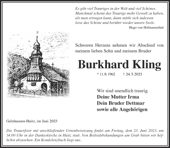 Traueranzeige von Burkhard Kling von Mittelhessen-Bote