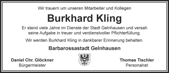 Traueranzeige von Burkhard Kling von Gelnhäuser Neue Zeitung