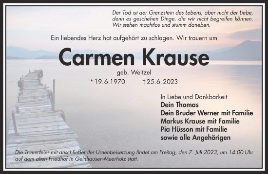 Traueranzeige von Carmen Krause von Gelnhäuser Neue Zeitung