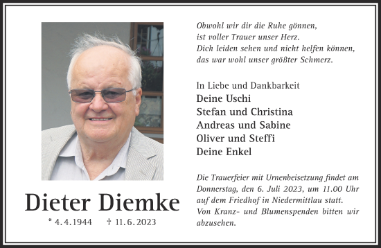 Traueranzeige von Dieter Diemke von Gelnhäuser Neue Zeitung