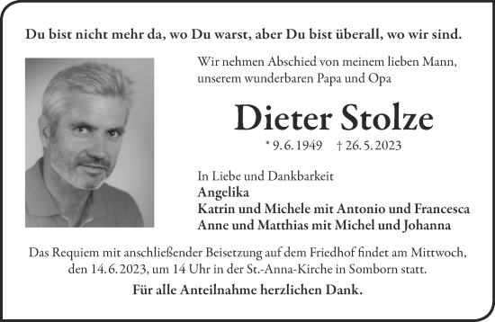 Traueranzeige von Dieter Stolze von Gelnhäuser Neue Zeitung