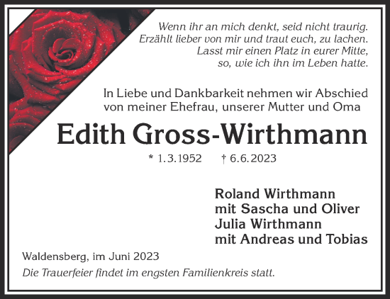 Traueranzeige von Edith Gross-Wirthmann von Gelnhäuser Neue Zeitung