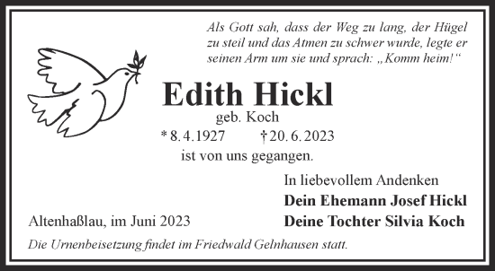 Traueranzeige von Edith Hickl von Gelnhäuser Neue Zeitung