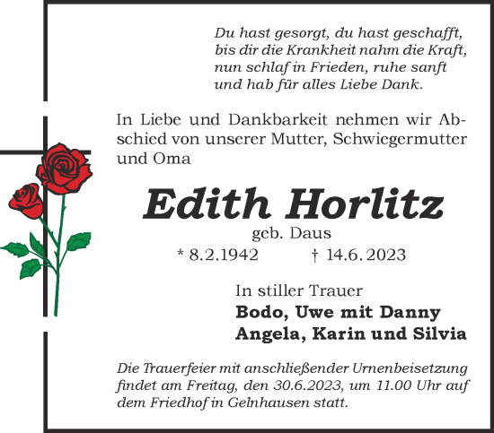 Traueranzeige von Edith Horlitz von Gelnhäuser Neue Zeitung