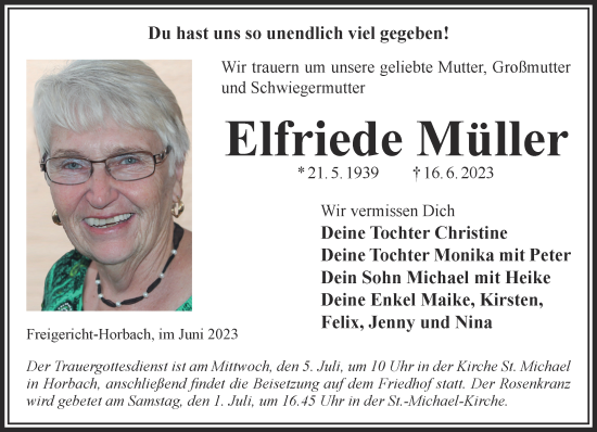 Traueranzeige von Elfriede Müller von Gelnhäuser Neue Zeitung