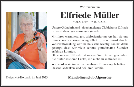 Traueranzeige von Elfriede Müller von Mittelhessen-Bote