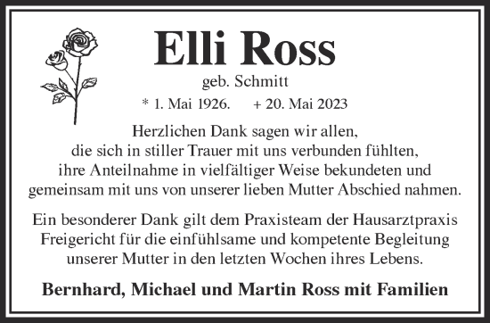 Traueranzeige von Elli Ross von Gelnhäuser Neue Zeitung