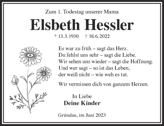 Traueranzeige von Elsbeth Hessler von Mittelhessen-Bote