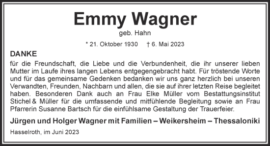 Traueranzeige von Emmy Wagner von Gelnhäuser Neue Zeitung